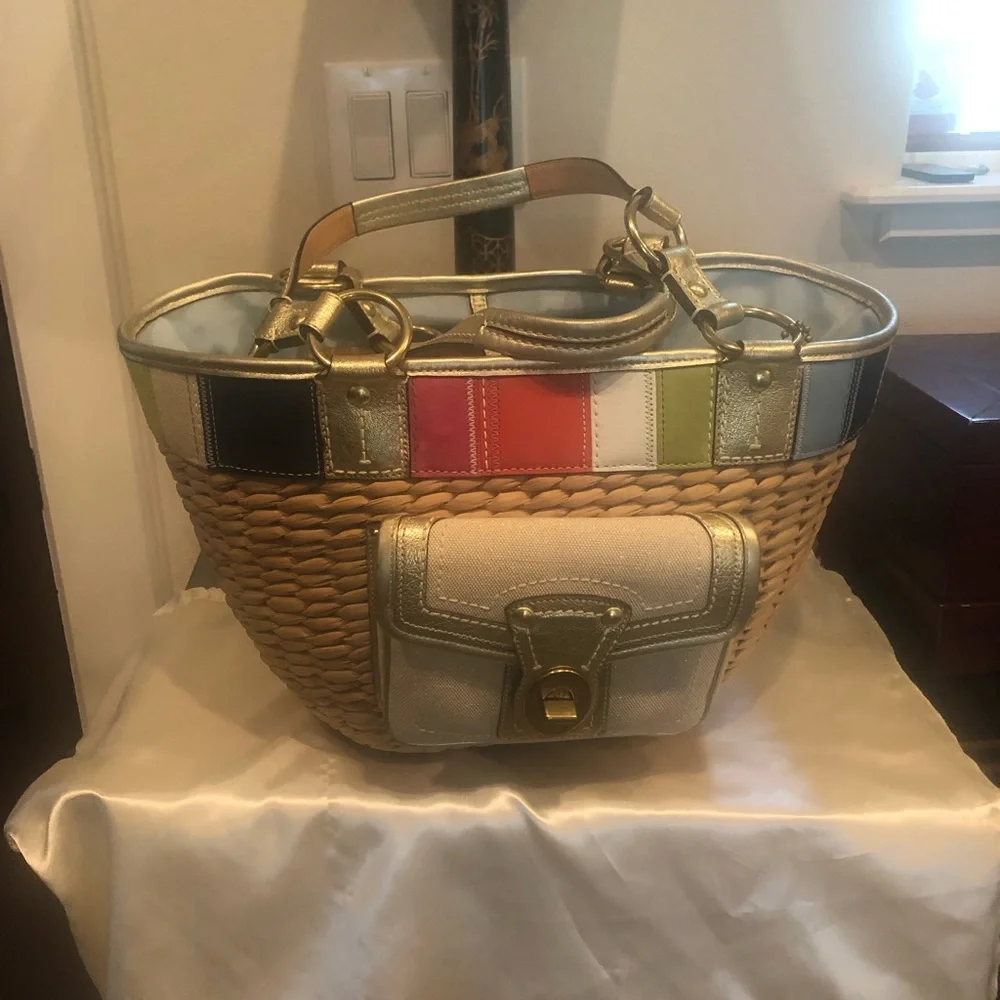 COACH LEATHER/STRAW SATCHEL BEACH TOTE NWOT VINTAGE! - Picture 3 of 15